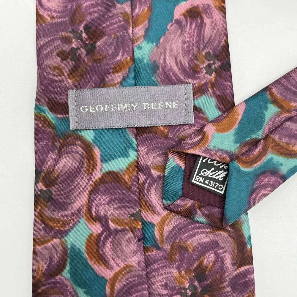 Geoffrey Beene Tie Mens Purple Teal Floral Italian Fabric Made USA Necktie